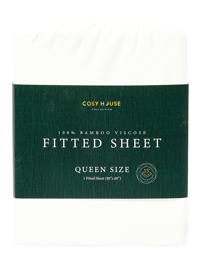Box of Cosy House fitted sheet with green label on a white background