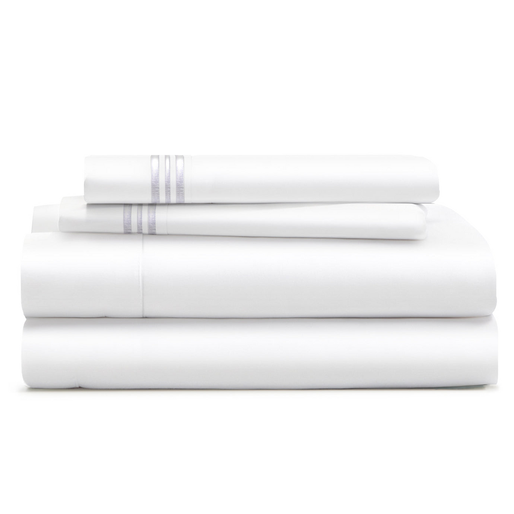 Cosy House Collectionâs Everyday Bed sheets and pillowcases stacked together.