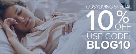 Woman asleep in bed, Text with 10% off use code BLOG10
