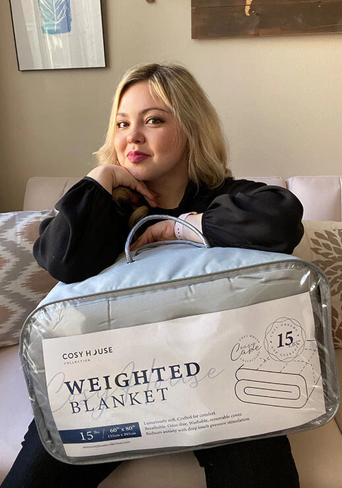 Another customer showing her packaged Weighted blanket.