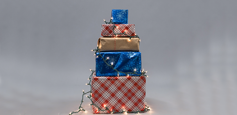 A stack of Christmas gifts.